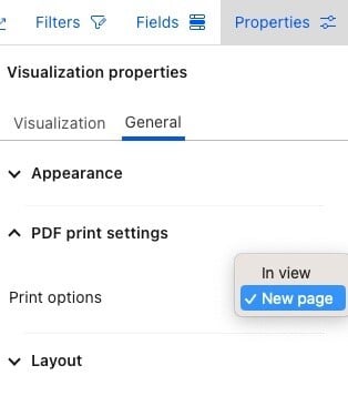 PDF print settings field set to New page., Picture